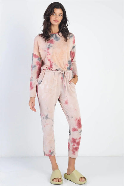 Tie-Dye Button Loop Round Neck Long Sleeve Jumpsuit