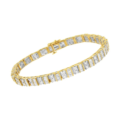 14K Yellow Gold 4.0 Cttw Alternating Baguette & Round Cut Diamond Bezel- & Prong-Set 7" Tennis Bracelet (I-J, I1-I2)