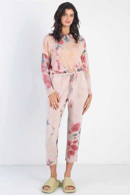 Tie-Dye Button Loop Round Neck Long Sleeve Jumpsuit