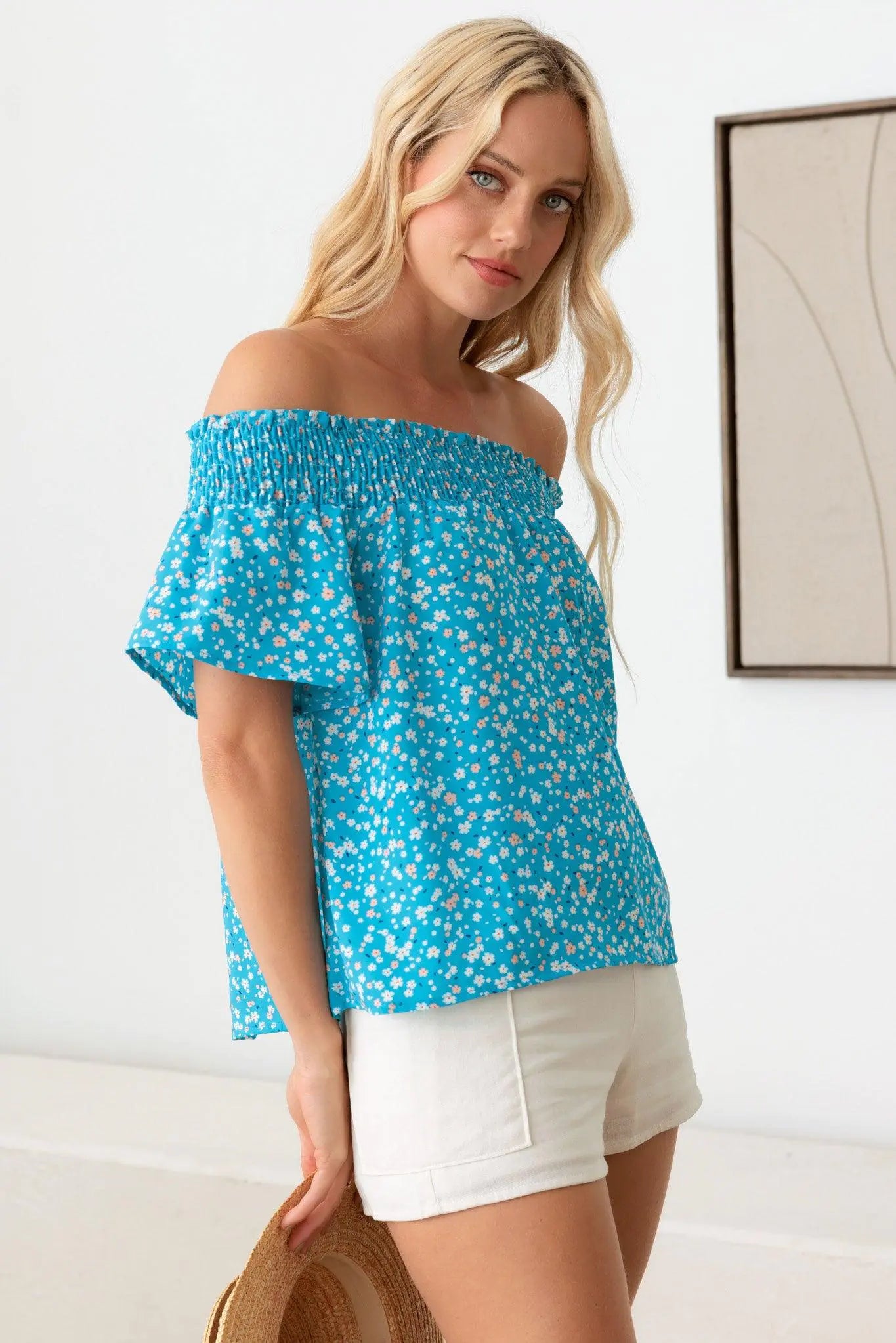 Off Shoulder Smocking Band Ditsy Print Top