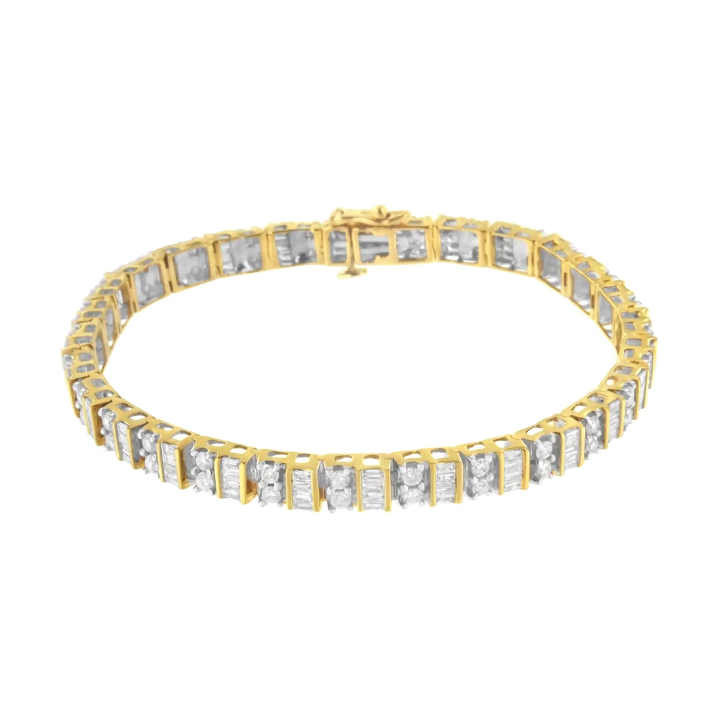 14K Yellow Gold 4.0 Cttw Alternating Baguette & Round Cut Diamond Bezel- & Prong-Set 7" Tennis Bracelet (I-J, I1-I2)