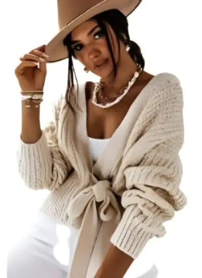 Wrap over Front Belted Puff Sleeve Cropped Cardigan