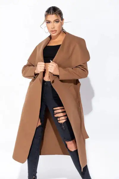 Oversized Maxi Length Belted Waterfall Coat