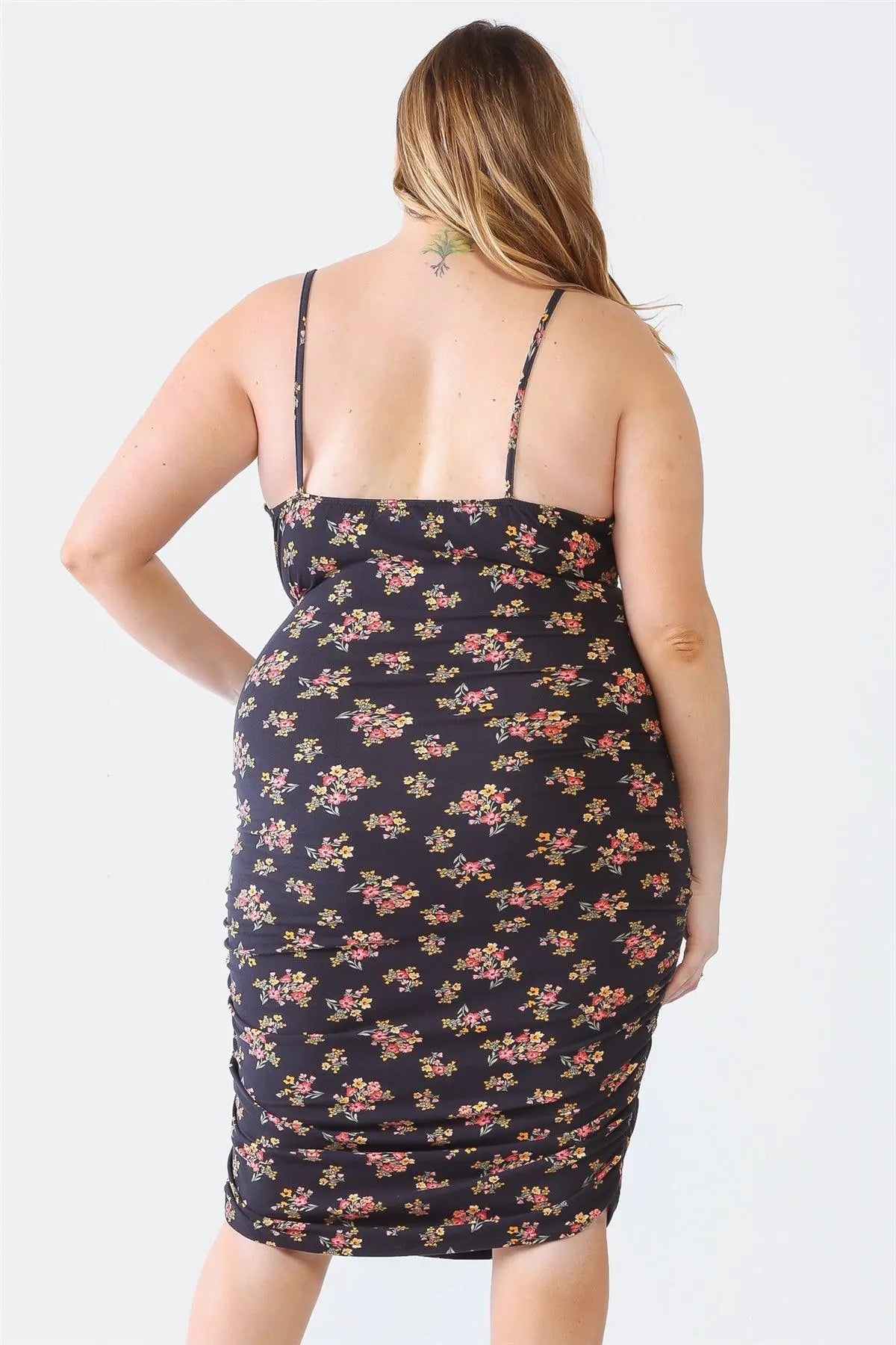 Plus Size Black Floral Print Ruched Midi Dress