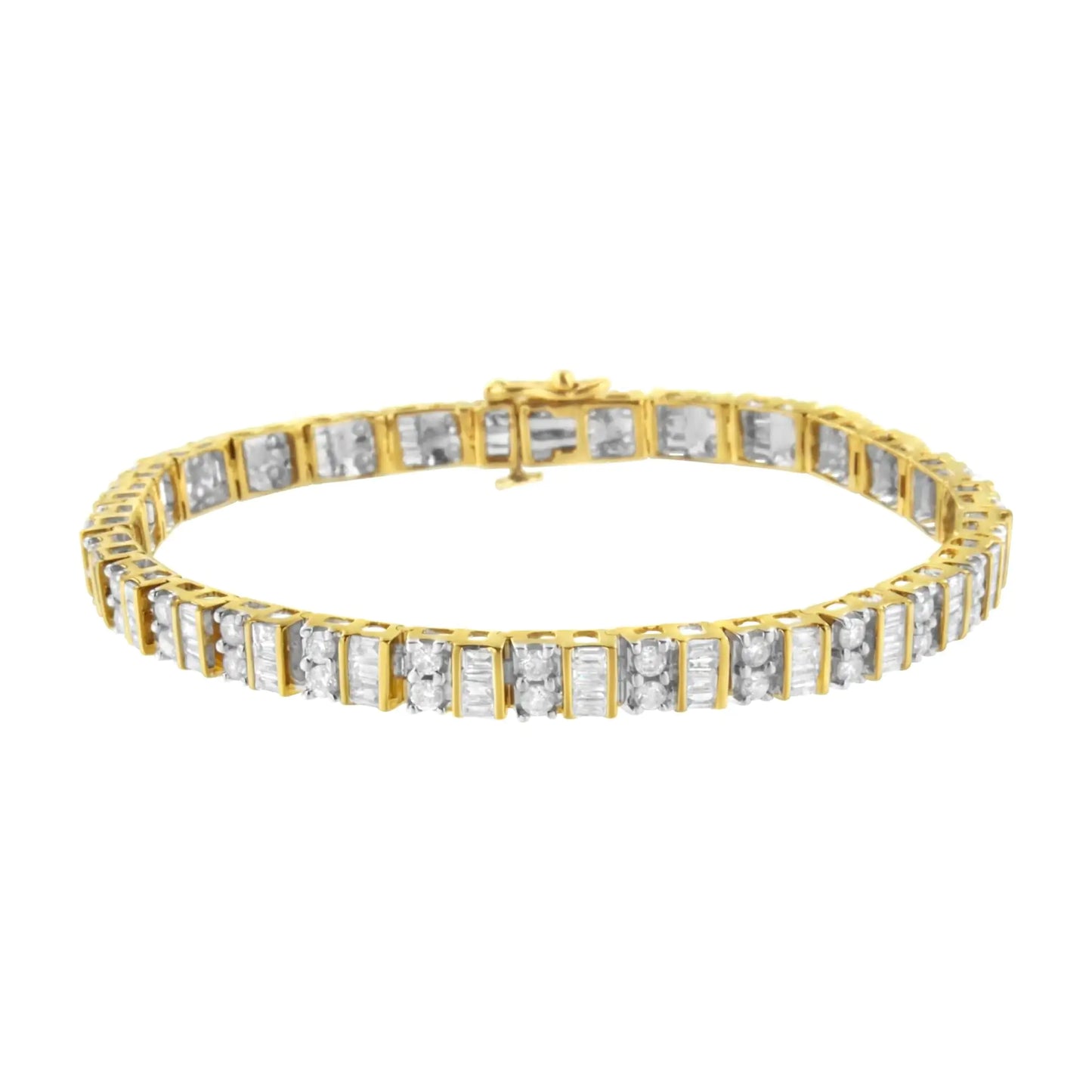 14K Yellow Gold 4.0 Cttw Alternating Baguette & Round Cut Diamond Bezel- & Prong-Set 7" Tennis Bracelet (I-J, I1-I2)