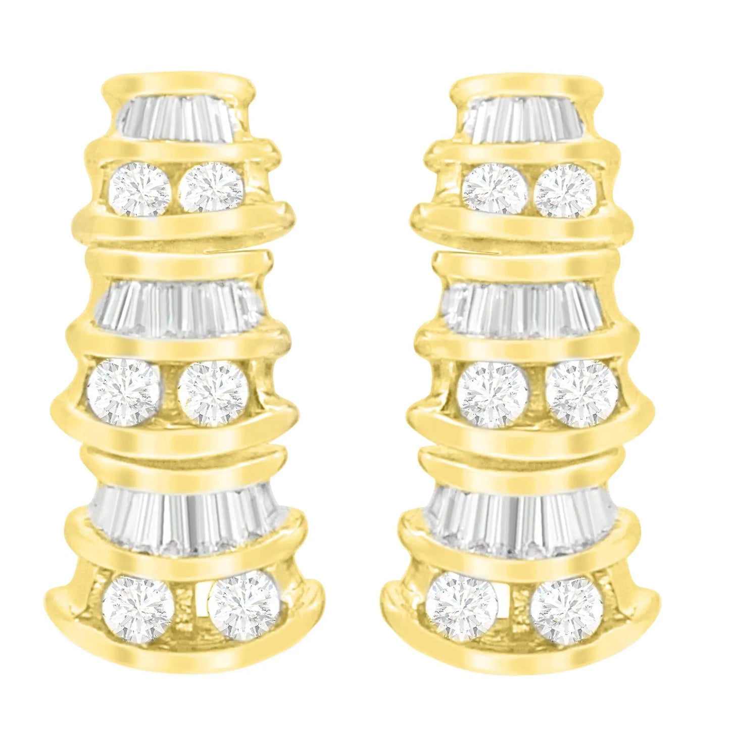 14K Yellow Gold Round and Baguette-Cut Diamond Earrings (7/8 cttw, H-I Color, SI2-I1 Clarity)