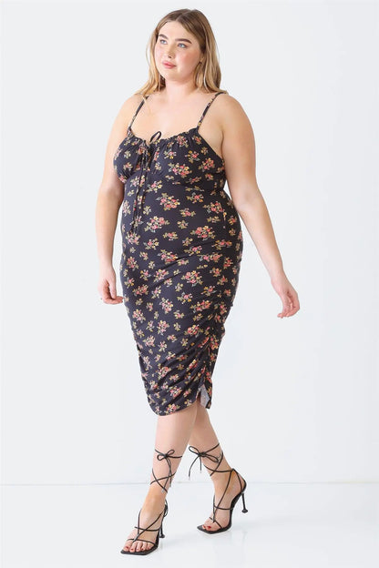 Plus Size Black Floral Print Ruched Midi Dress