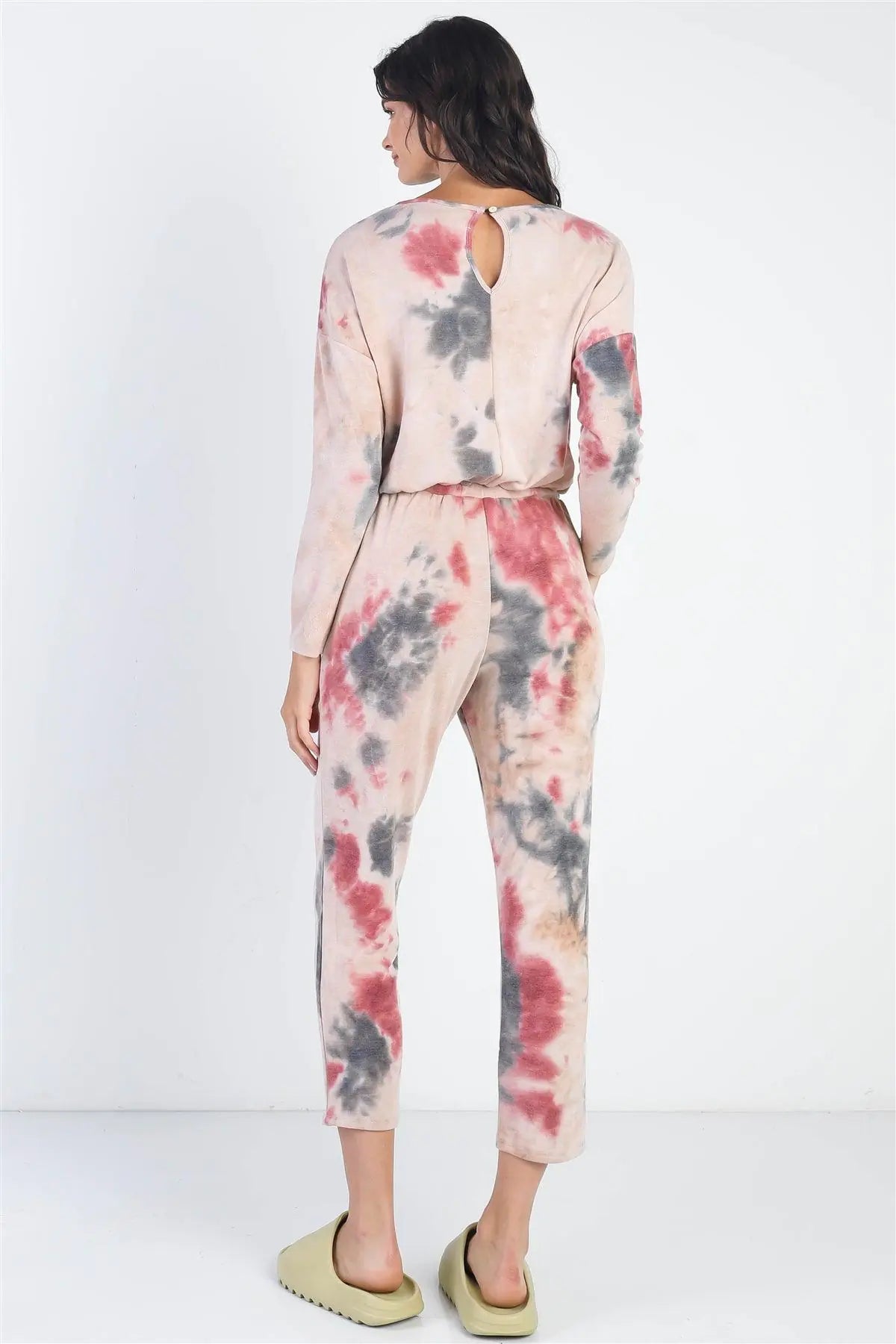 Tie-Dye Button Loop Round Neck Long Sleeve Jumpsuit