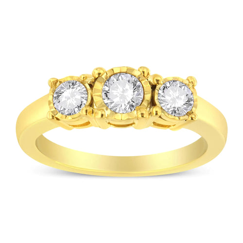 14K Yellow Gold Plated .925 Sterling Silver 3/4 Cttw Diamond Three Stone Illusion Plate Ring (J-K color, I1-I2 clarity)